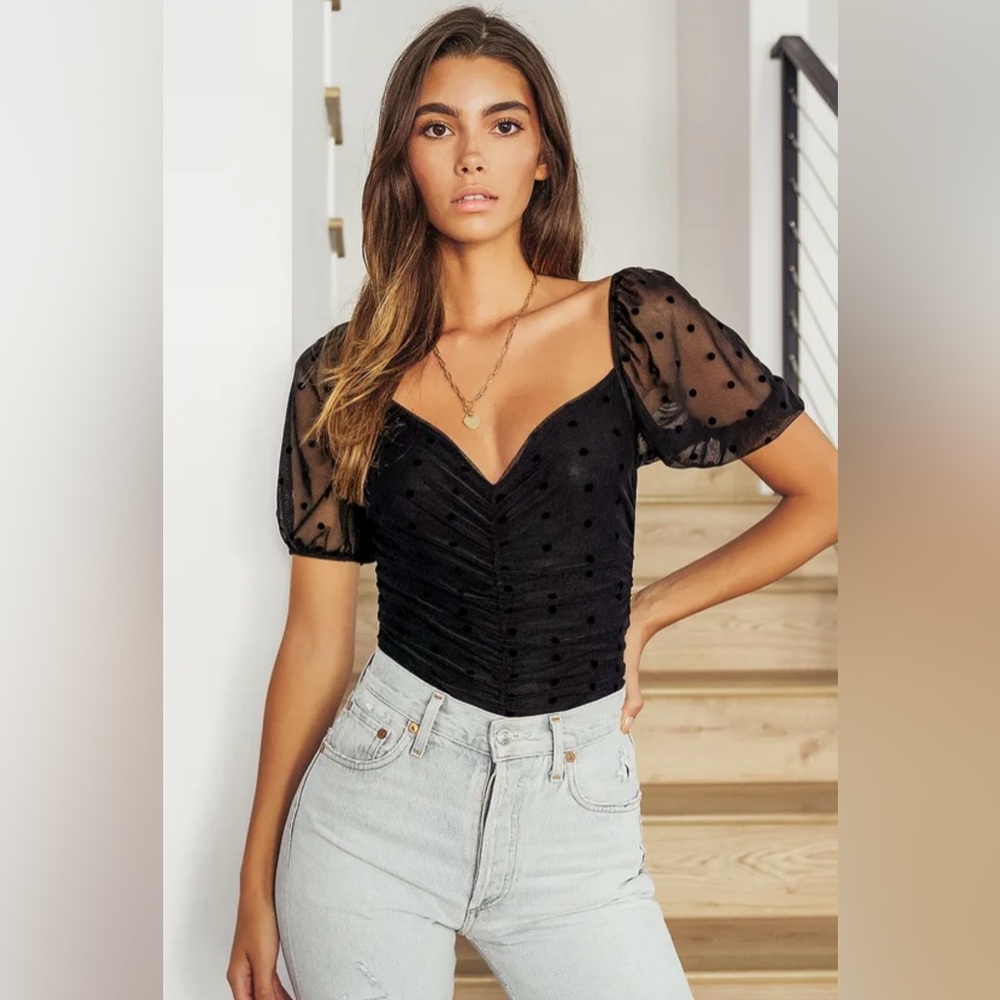 NWT Lulus Darling Style Black Polka Dot Mesh Ruched Puff Sleeve Bodysuit Size S